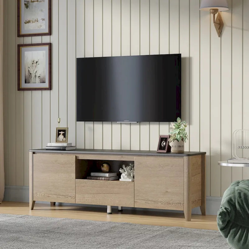 Meuble TV moderne de 58 pouces avec éclairage LED, meuble de divertissement avec rangement pour téléviseurs jusqu’à 80 pouces, pour le salon et la chambre