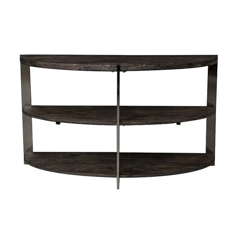 Mesa de entrada semicircular con dos estantes abiertos, en gris carbón y metal cromado.