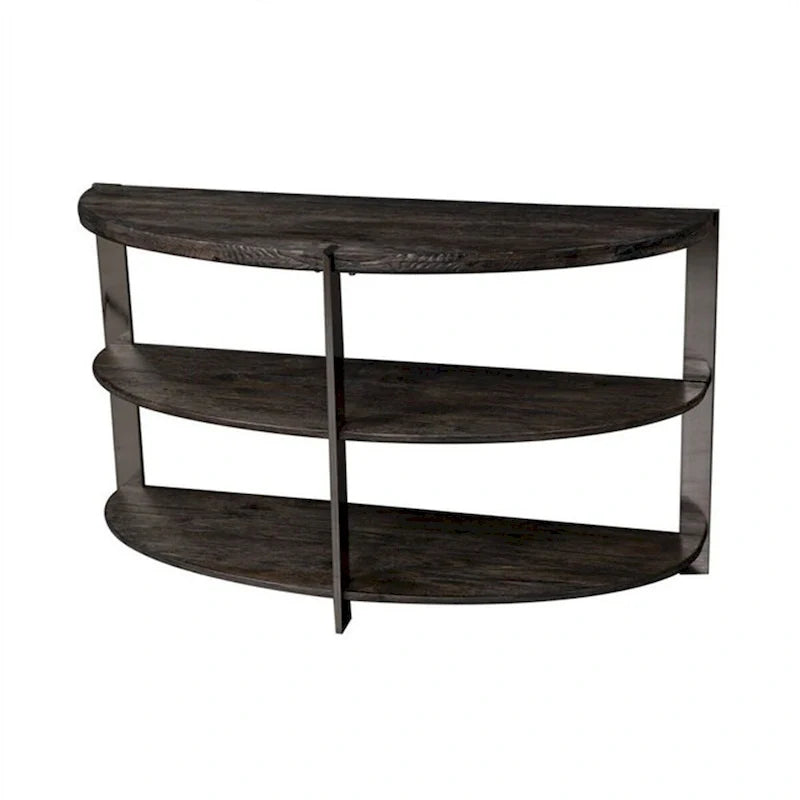 Table d’entrée en demi-lune avec deux étagères ouvertes, gris anthracite et métal chromé.