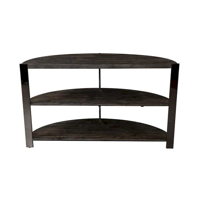 Mesa de entrada semicircular con dos estantes abiertos, en gris carbón y metal cromado.