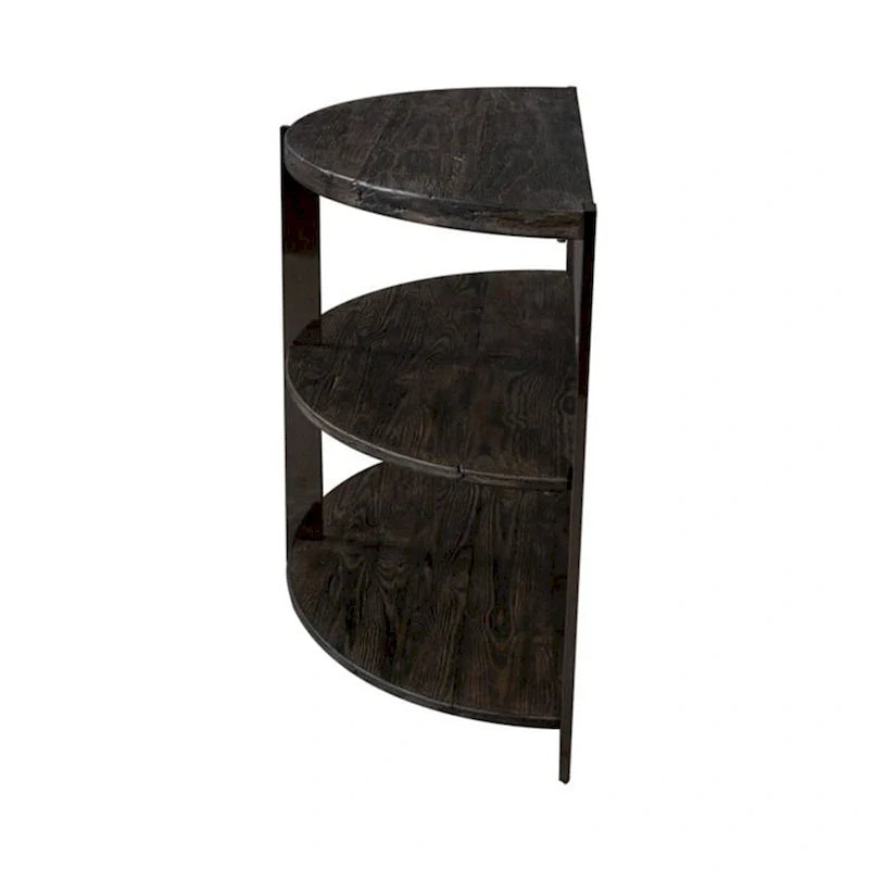 Mesa de entrada semicircular con dos estantes abiertos, en gris carbón y metal cromado.