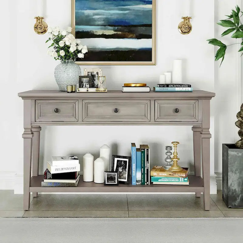 Table console de style rétro classique de 50L, avec trois tiroirs supérieurs et une étagère inférieure ouverte (gris délavé)
