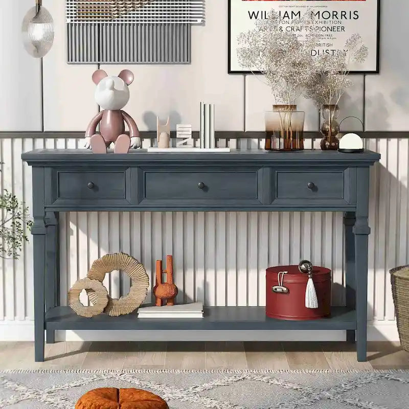 Table console de style rétro classique de 50L, avec trois tiroirs supérieurs et une étagère inférieure ouverte (gris délavé)