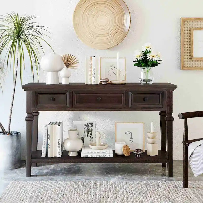 Table console de style rétro classique de 50L, avec trois tiroirs supérieurs et une étagère inférieure ouverte (gris délavé)