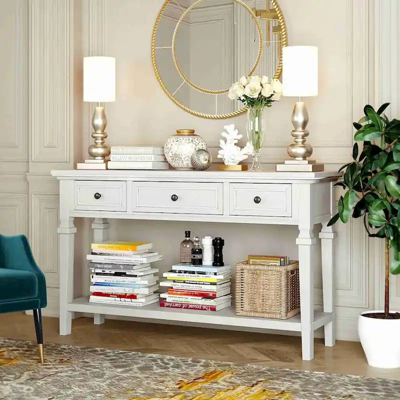 Table console de style rétro classique de 50L, avec trois tiroirs supérieurs et une étagère inférieure ouverte (gris délavé)