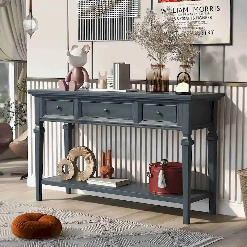 Table console de style rétro classique de 50L, avec trois tiroirs supérieurs et une étagère inférieure ouverte (gris délavé)