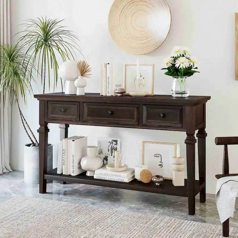 Table console de style rétro classique de 50L, avec trois tiroirs supérieurs et une étagère inférieure ouverte (gris délavé)