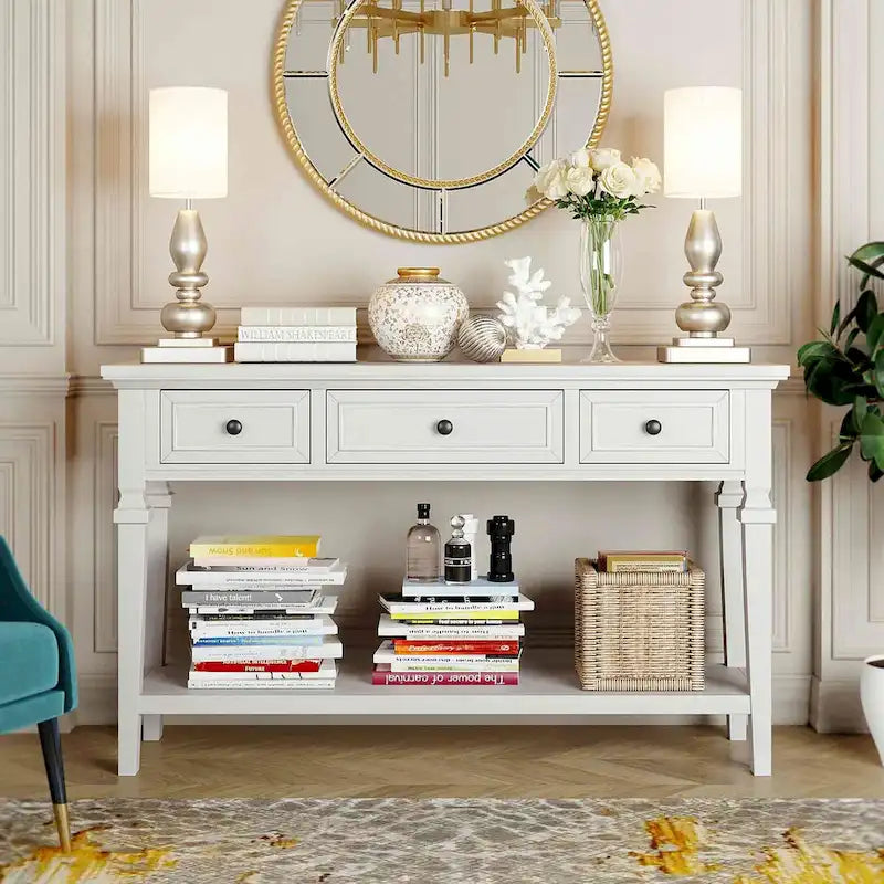 Table console de style rétro classique de 50L, avec trois tiroirs supérieurs et une étagère inférieure ouverte (gris délavé)