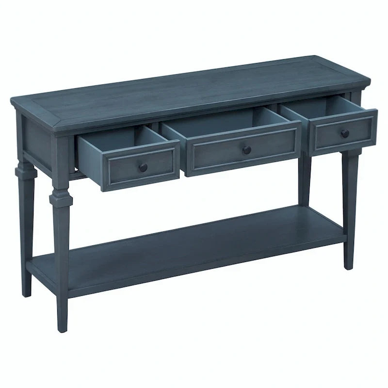 Table console de style rétro classique de 50L, avec trois tiroirs supérieurs et une étagère inférieure ouverte (gris délavé)