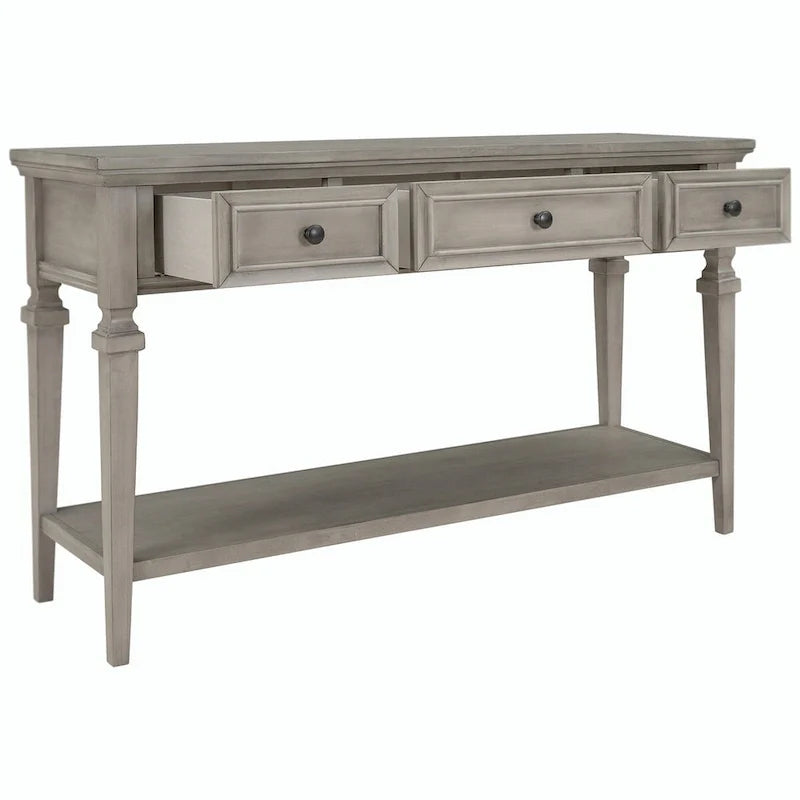 Table console de style rétro classique de 50L, avec trois tiroirs supérieurs et une étagère inférieure ouverte (gris délavé)