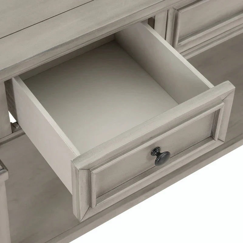 Table console de style rétro classique de 50L, avec trois tiroirs supérieurs et une étagère inférieure ouverte (gris délavé)