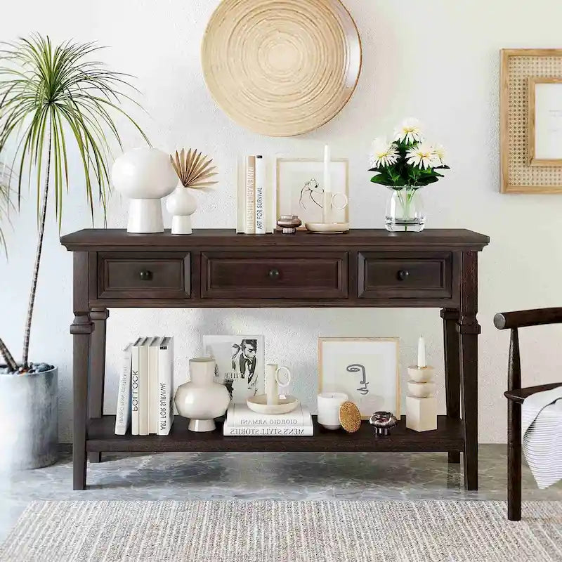 Table console de style rétro classique de 50L, avec trois tiroirs supérieurs et une étagère inférieure ouverte (gris délavé)