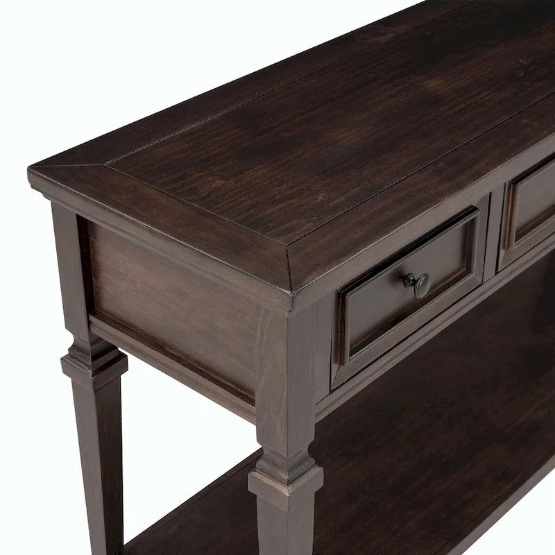 Table console de style rétro classique de 50L, avec trois tiroirs supérieurs et une étagère inférieure ouverte (gris délavé)