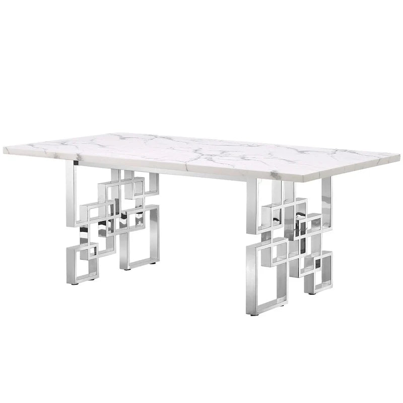 Table de salle à manger de luxe en faux marbre blanc, avec plateau de 78 pouces et piètement en métal