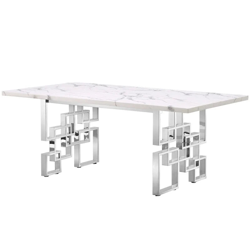 Luxury White Faux Marble Dining Table with 78 inch Top and Metal Base
