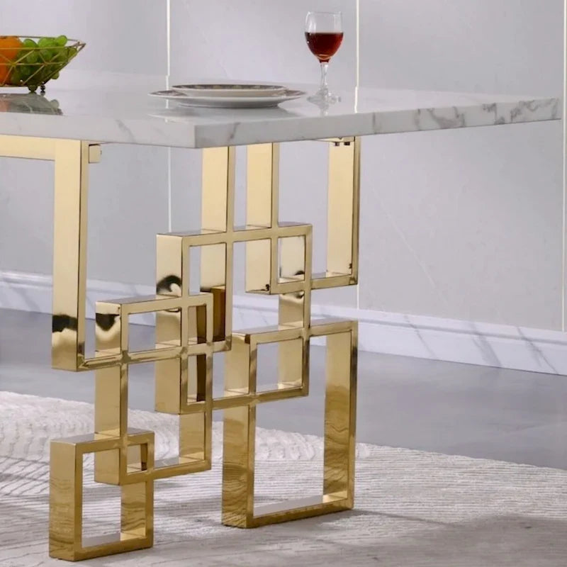 Table de salle à manger de luxe en faux marbre blanc, avec plateau de 78 pouces et piètement en métal