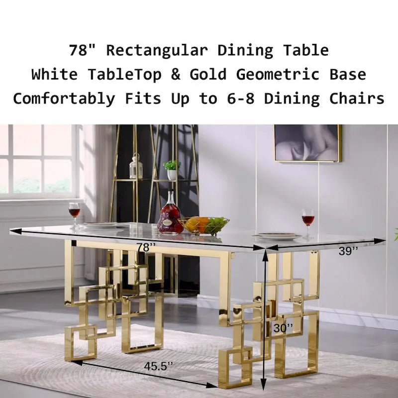 Table de salle à manger de luxe en faux marbre blanc, avec plateau de 78 pouces et piètement en métal