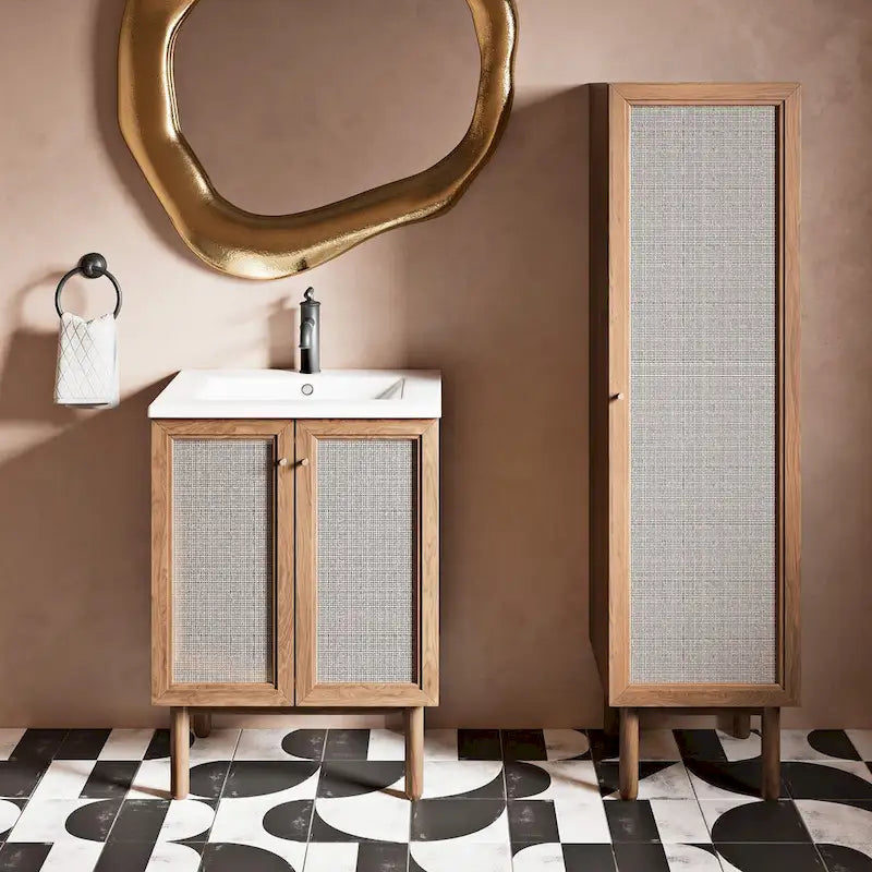 Armoire de rangement en lin, finition chêne (W 15 x H 60 x D 15 pouces)