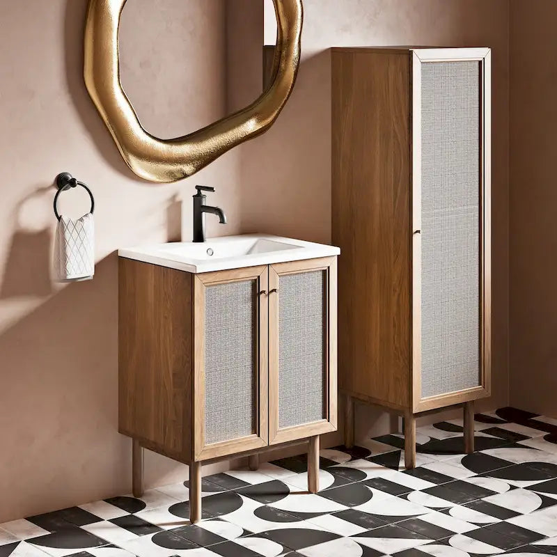 Armoire de rangement en lin, finition chêne (W 15 x H 60 x D 15 pouces)