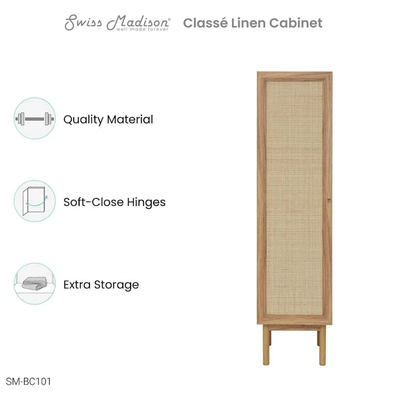 Armoire de rangement en lin, finition chêne (W 15 x H 60 x D 15 pouces)