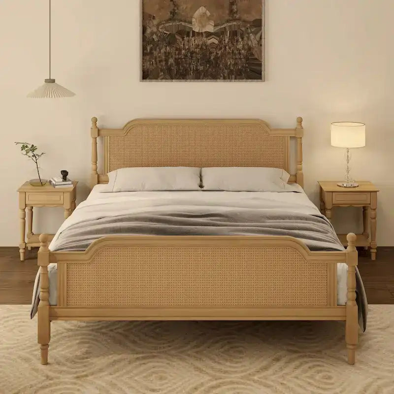 Cadre de lit en rotin de style traditionnel, sans sommier requis