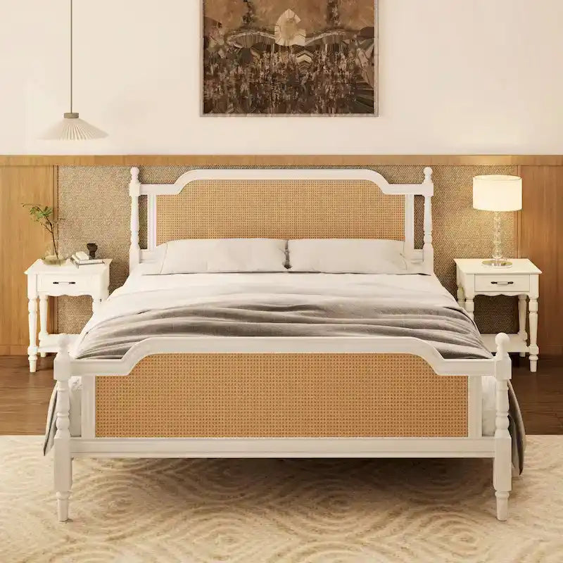 Cadre de lit en rotin de style traditionnel, sans sommier requis