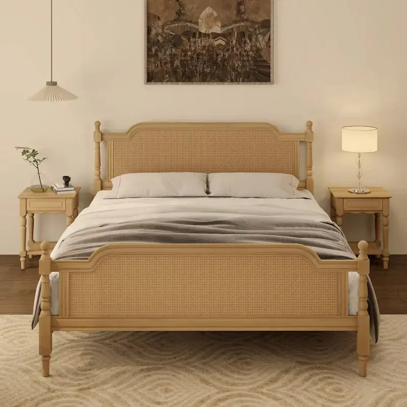 Cadre de lit en rotin de style traditionnel, sans sommier requis