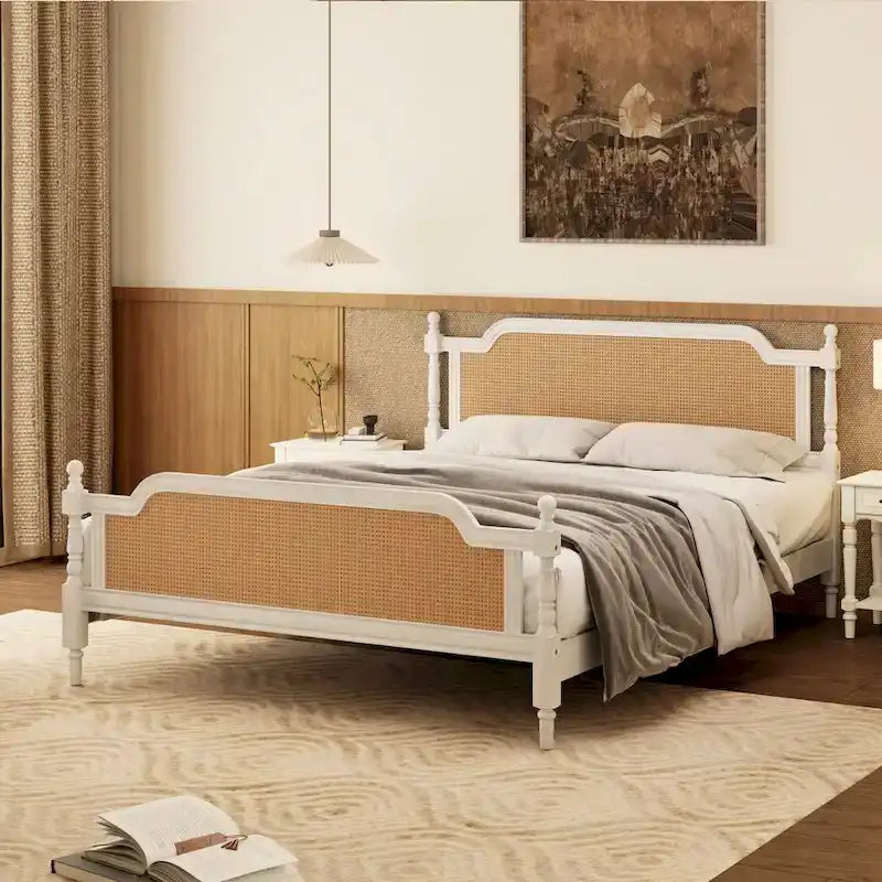 Cadre de lit en rotin de style traditionnel, sans sommier requis