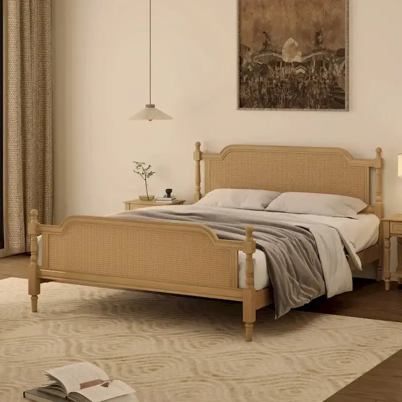 Cadre de lit en rotin de style traditionnel, sans sommier requis