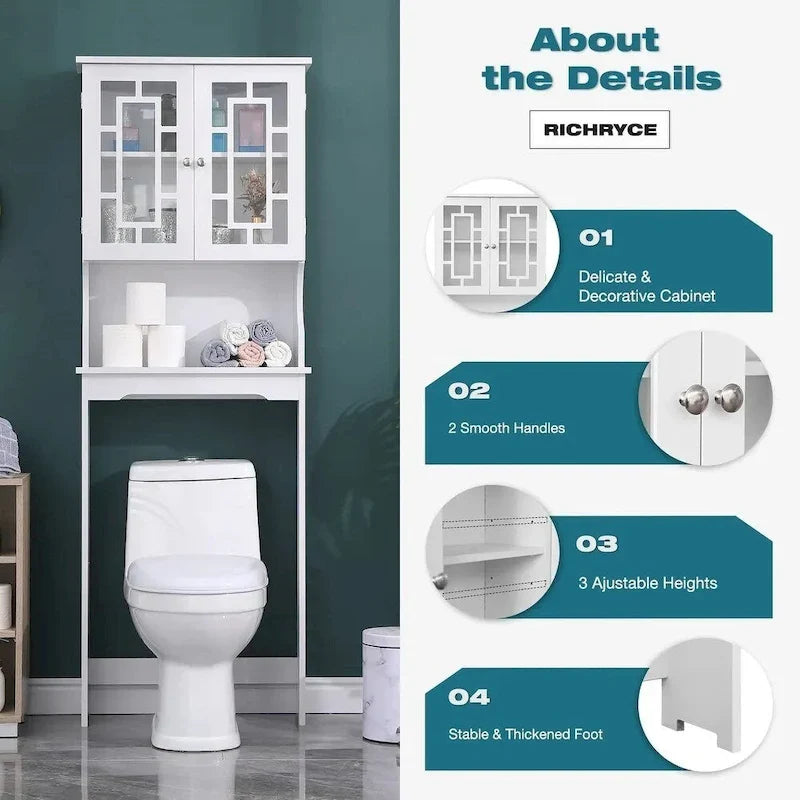 Étagère de rangement pour salle de bains—Un meuble au-dessus des toilettes doté d’une structure en bois, de deux portes en verre et d’étagères réglables, conçu spécialement pour la salle de bains.