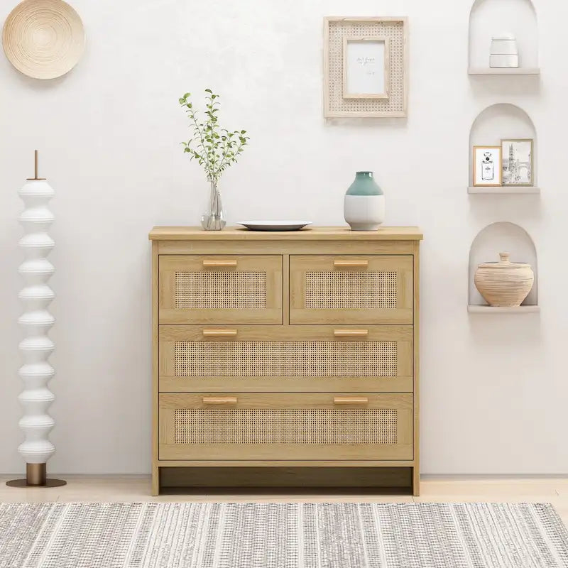 Armoire de rangement en rotin à 4 tiroirs — idéale pour les chambres, les salons, les salles à manger et les entrées — assemblage facile