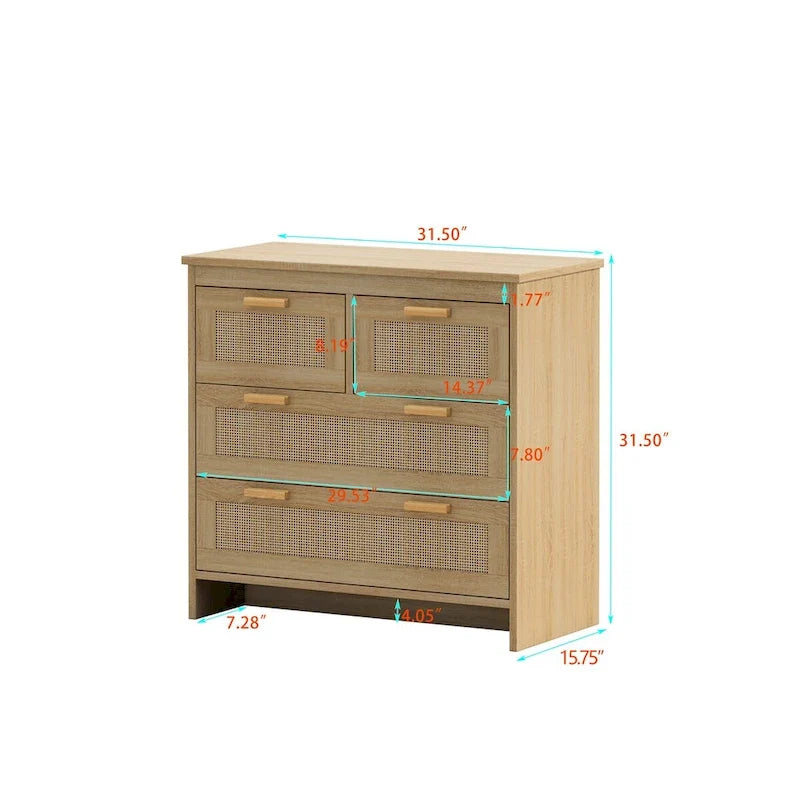 Armoire de rangement en rotin à 4 tiroirs — idéale pour les chambres, les salons, les salles à manger et les entrées — assemblage facile